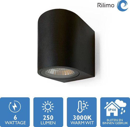 Rilimo Buitenlamp - Wandspot Rond - Zwart - LED - IP44 - Warm Wit Licht - Incl. Sensor