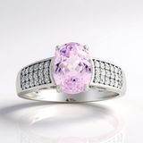 Cavill - Elegante Damesring 925 Sterling Zilver - Platina Gecoat - 3,22 ct Ovaal Roze Kunziet & 0,55 ct Cambodjaanse Zirkonia - Luxe Sieraad