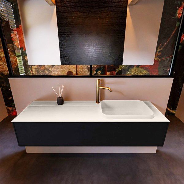 Mondiaz ERIN 150cm badmeubelset onderkast Urban met 1 lade + Wastafel RIDGE rechts Linen