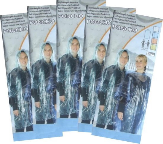 ECOSTARE Regenponcho - Set van 5 stuks - Regenpak - Regenjas - Regenjack - Waterdicht- Poncho - Ponchos - Poncho's - Regen - Jas - Mannen - Vrouwen - Unisex - BLAUW - 5 STUKS