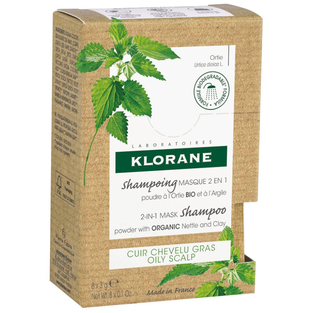Klorane 2-in-1 Mask Shampoo Powder with Organic Nettle and Clay - 8 x 3 g