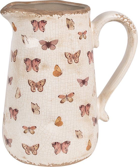 Clayre & Eef Decoratie Kan 21x15x23 cm Beige Roze Keramiek Vlinders Schenkkan