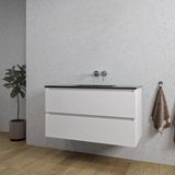 Saniclass Chaci Ensemble de meubles de salle de bain - 100x45x55cm - lavabo en céramique noir mat - 1 vasque - sans trou de robinetterie - 2 tiroirs - blanc mat