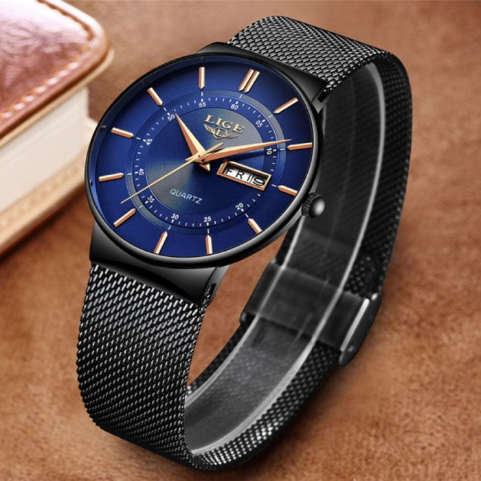 Lige Lige Kwarts Uurwerk Heren - Anoloog Luxe Horloge voor Mannen Zwart-Blauw