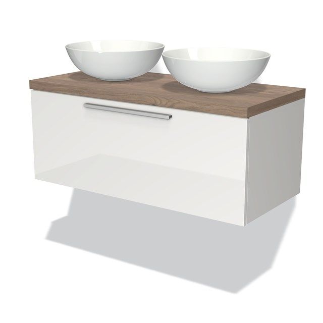 Maxaro Badkamermeubel Modulo Plato 100cm Hoogglans Wit 1 Lade Middenbruin Eiken