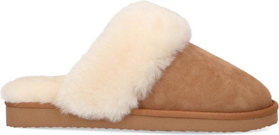 Manfield - Dames - Cognac pantoffels met wollen voering - Maat 37