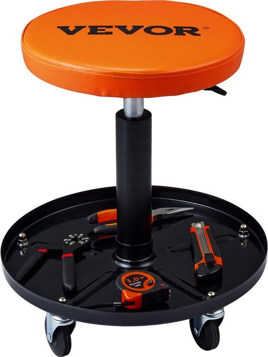 VEVOR Rollende Mechanische Kruk Werkplaatskruk 250lbs 406-559mm In Hoogte Verstelbare Werkplaatsstoel Werkplaatskruk met Gereedschapsbak voor Garagewinkel Autoreparatie Zwart-Oranje