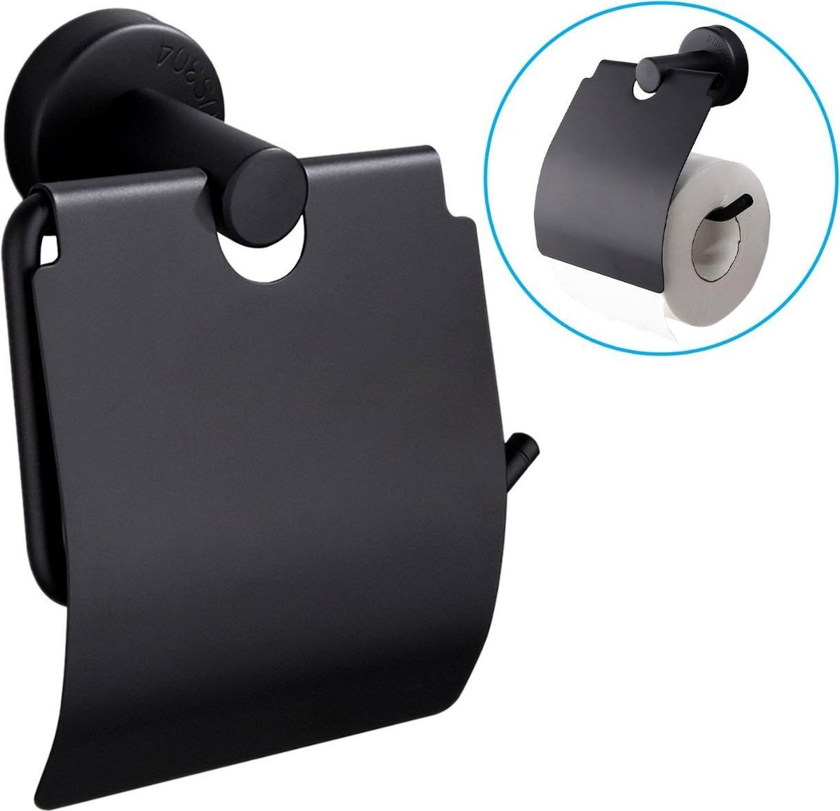 Sanics Toiletrolhouder Zwart met Klep - WC Rolhouder RVS Inclusief Montage set - Closetrolhouder