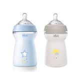 Chicco Natural Feeling Anti-koliekfles, 6 maanden, 330 ml, fles met speen van zachte en flexibele siliconen, geschikt voor gemengde borstvoeding, snelle stroom, lichtblauw en neutraal, 2 stuks