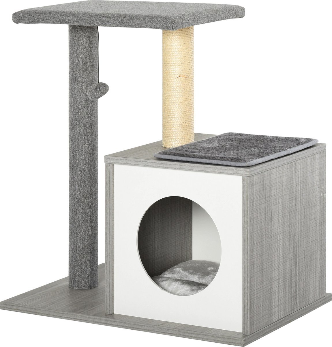 Pawhut Krabpaal kattenboom klimboom met grot en pluchen kussen E1 spaanplaat grijs D30-298