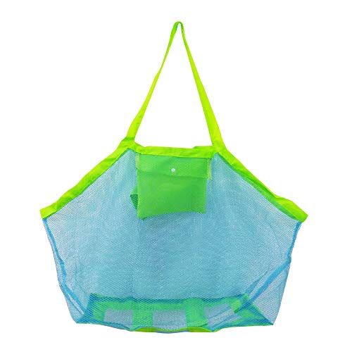 BornFeel Grote mesh strandtas voor speelgoed zand weg draagtas met rits voor kind zwemmen zwembad reizen zandschoenen natte handdoeken 18 x 12 x 18 inch groene bandjes blauw mesh