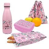 Nerthus FIH 1026 roestvrij stalen fles set lunchbox broodtas en rugzak kinderen unicorns school