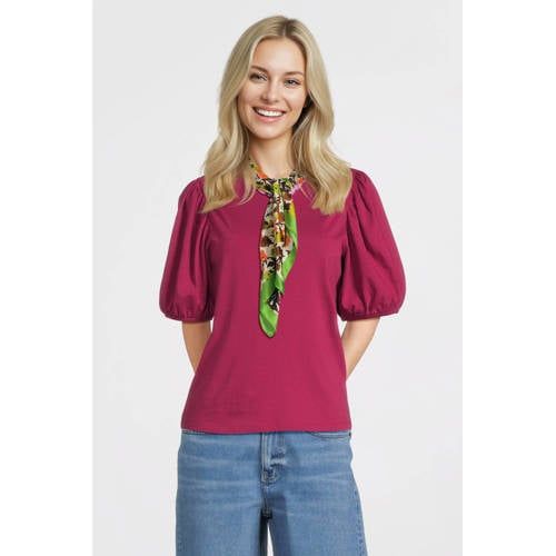 Anytime T-shirt met pofmouwen wijnrood