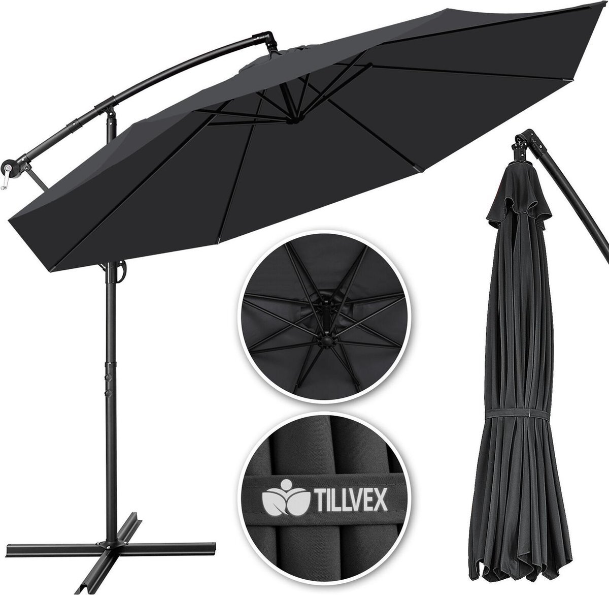 Tillvex Parasol Ø 3m antraciet-zweeparasol -hangparasol- vrijhangende parasol- tuinparasol- slinger-balkon- aluminium-kantelbaar