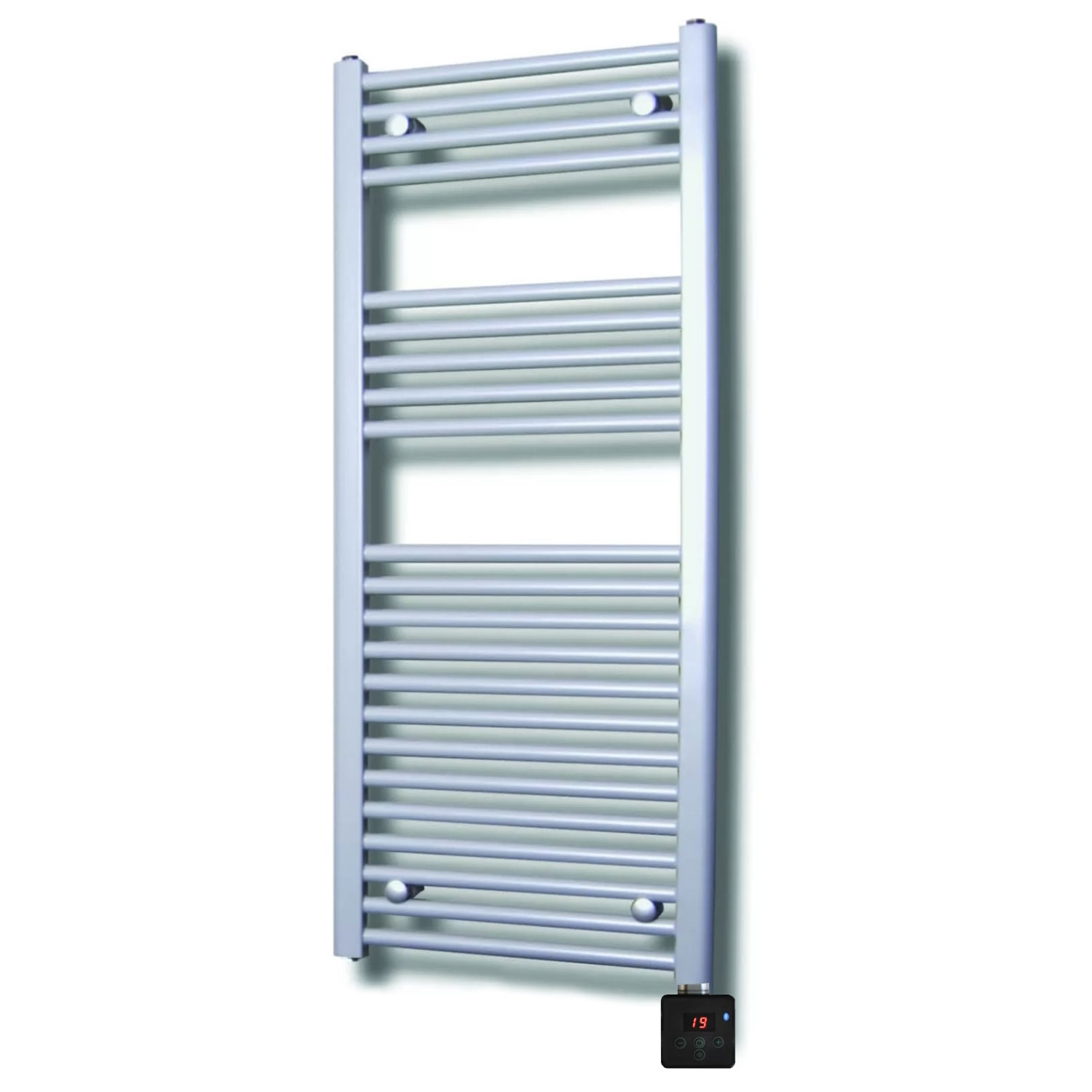 Sanicare Elektrische design radiator sanicare plug & play 111,8x60 cm zilvergrijs 730 watt met zwarte thermostaat en bluetooth links