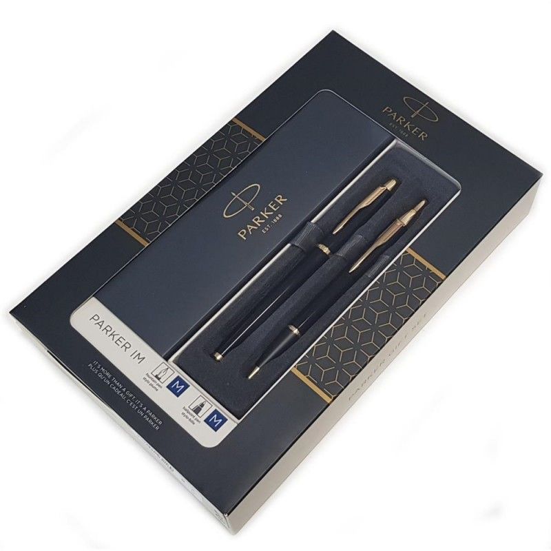 Parker IM Duo Gift Set - Black with Gold Trim - Ballpoint Pen & Fountain Pen - Gift Box