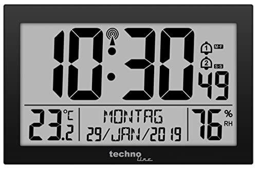 technoline WS 8016 Radiografische wandklok met temperatuurweergave, kunststof, zwart, 225 x 143 x 24 mm