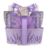 Accentra - Doucheset Dames Cadeauset Lavendel in Mooie Metalen Box - 4-delige Verzorgingsset met Douchegel, Bodylotion, Bubbelbad & Netspons - Wellness Cadeauset voor Verjaardagen, Valentijnsdag