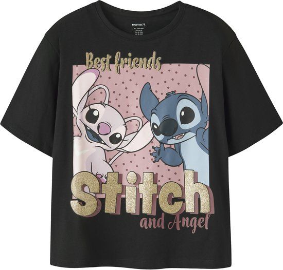 NAME IT NKFADARA STITCH SS NREG TOP BOX NOOS WDI Meisjes T-shirt Zwart Katoen Elastaan Maat 116