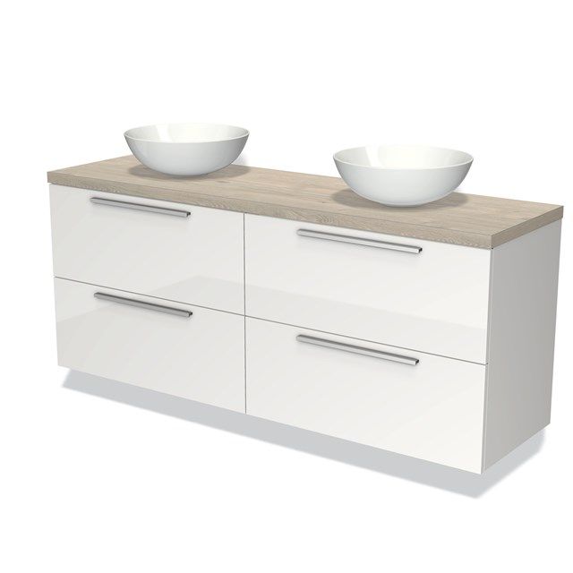 Maxaro Badkamermeubel Modulo Plato 160cm Hoogglans Wit 4 Lades Vlak Lichtgrijs Eiken Blad