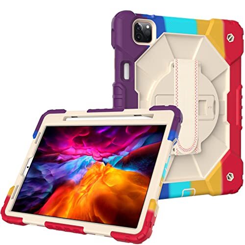 Tycolit Beschermhoesje voor iPad Pro 11 inch Case 2021, Full-Body Kleurrijke Silicone Beschermhoesje Schokbestendig, compleet met 360° draaibare houder, polsband/stand- Kleurrijk poeder