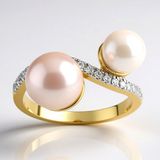 Cavill - Vergulde 925 Zilver Ring met Paarse Ming Parel 8,5mm & Akoya Parel 6,5mm - 20 Zirkonia 0,2ct - Elegante Dames Ring - Stijlvol Sieraad