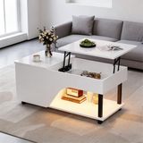 STILVORA Salontafel - Hoogteverstelbaar Met Verborgen Opbergruimte En Led - Voor Woonkamer - Spaanplaat Wit - 100x50x46 cm