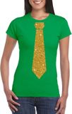 Bellatio Decorations Shoppartners Bv Groen fun verkleed t-shirt - met stropdas - in glitter goud - dames - korte mouwen S