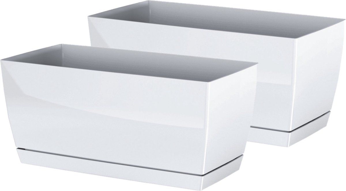 Prosperplast Set van 2x plantenpotten/bloempotten kunststof glanzend parel wit 29 x 14 x 13.6 cm