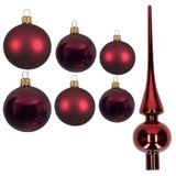 Decoris Groot pakket glazen kerstballen donkerrood glans/mat 50x stuks - 4-6-8 cm incl piek glans 26 cm
