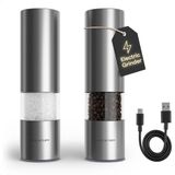 LARS NYSØM Elektrische Zout- en Pepermolen | Automatische Molen Set van Roestvrij Staal met Instelbare Keramische Maalwerk | USB-Oplaadbare Kruidenmolens met LED-verlichting (Stainless Steel)