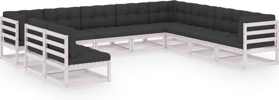 The Living Store Loungeset Grenenhout - Hoekbank - Middenbank - Wit - 70x70x67cm - Antraciet Kussen