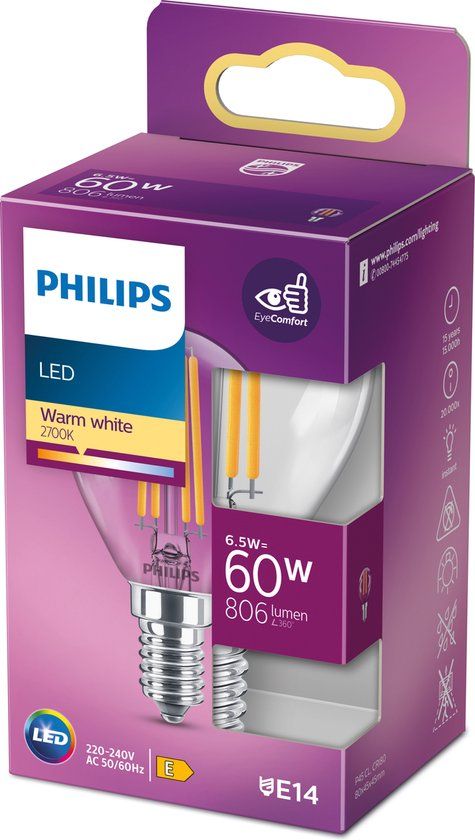 Philips LED E14 Kogellamp - 6.5W - 806 lm - 2700K - Warm Wit Licht