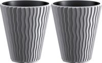 Prosperplast Plantenpot/bloempot Sand Waves - 2x - buiten/binnen - kunststof - steengrijs - D35 x H38 cm - met binnenpot