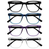 OPULIZE LEO Leesbril - 4-Pack - Groot Rechthoekig Montuur - Zwart, Blauw, Paars, Transparant - Heren Dames - Veerscharnieren - RRRR55-135C - +3.50