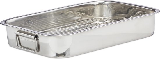 Relaxdays braadslede met rooster - edelstaal - ovenschaal - braadpan - braadslee - zilver XL