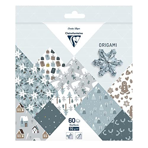 Clairefontaine 95374C Origami-papier, 70 g/m², formaat 15 x 15 cm, 30 kleurrijke motieven gesorteerd (2 vellen per design), creatieve hobby's voor volwassenen en kinderen, kerstcollectie fleece