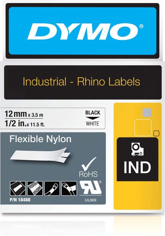 DYMO Rhino 18488 Label Tape - 12mm x 3.5m - Black on White