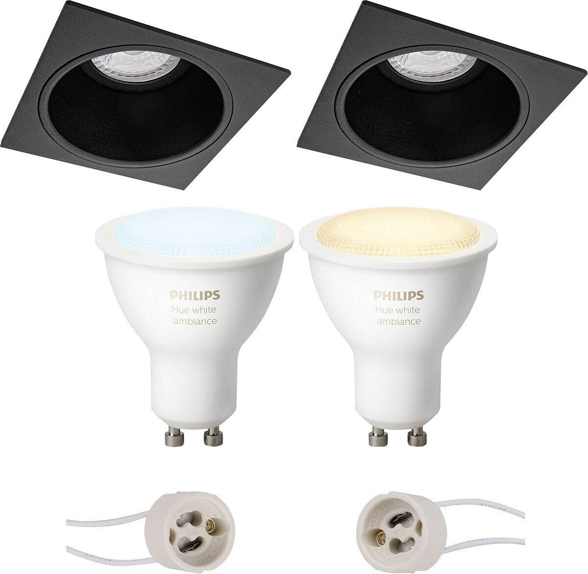 Qualu Proma Minko Pro - Inbouw Vierkant - Mat Zwart - Verdiept - 90mm - Philips Hue - LED Spot Set GU10 - White Ambiance - Bluetooth
