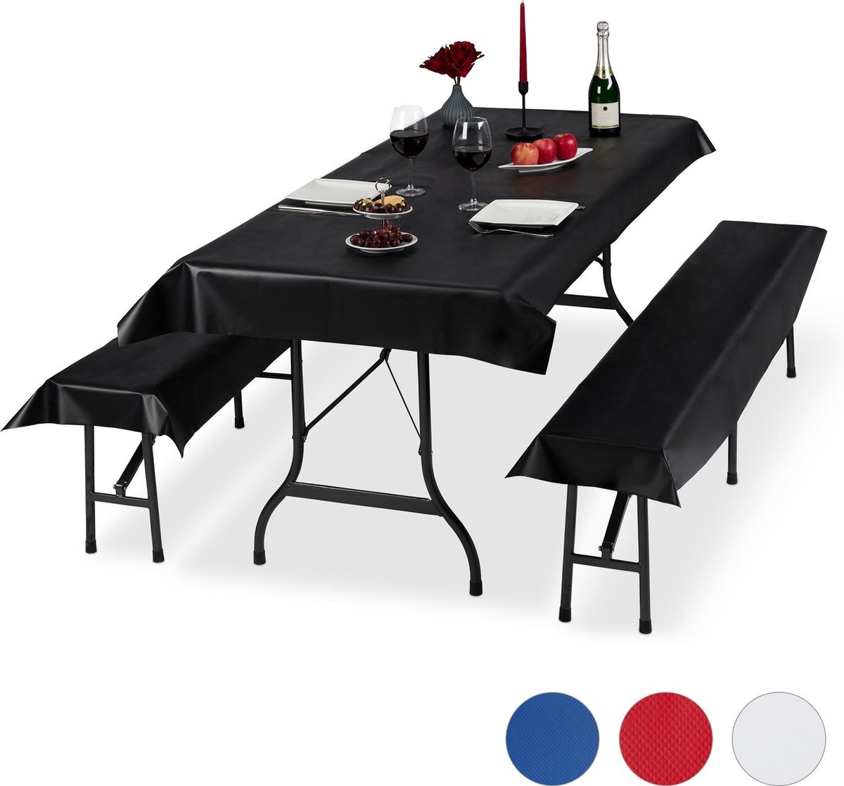 Relaxdays tafelkleed biertafel en banken - 3-delige hoezen set biertent - 250 x 100 cm zwart