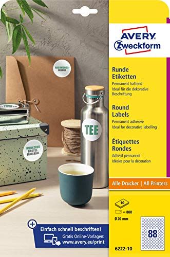 AVERY Zweckform 6222-10 ronde etiketten (880 plakpunten, Ø20 mm op A4, ronde stickers om te bedrukken, zelfklevende productetiketten, permanent hechtende jametiketten), 10 vellen, wit