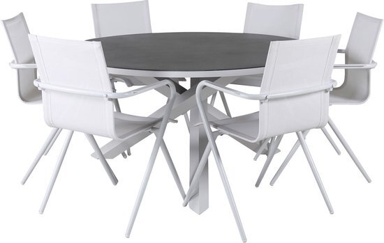 Hioshop Copacabana tuinmeubelset tafel Ø140cm en 6 stoel Alina wit, grijs, crèmekleur.