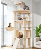 Poteau griffoir Grand Chat XXL - 183 cm - Beige - 5 poteaux griffoirs - Hamac et panier