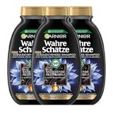 Garnier Compenserende shampoo, tegen snel vettige hoofdhuid en droge haarlengtes, met reinigende actieve kool en zwarte komijnolie, echte schatten, 3 x 250 ml