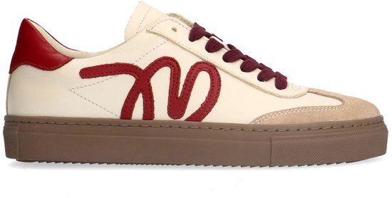 Manfield - Dames - Beige leren sneakers met burgundy details - Maat 42