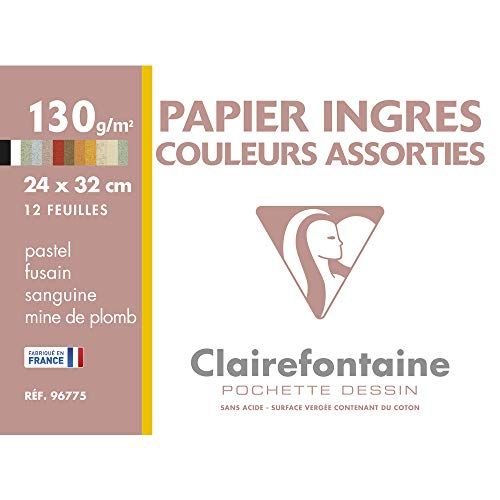 Clairefontaine 96775C map pastel tekenpapier (ideaal voor krijt en kolen, 130 g, 24 x 32 cm, 12 vellen, intense kleuren) gesorteerd
