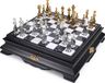 Jeu d'échecs italien, laiton/bois, or/argent, design fantaisie, 10 cm + échiquier, marbre/bois, blanc, 46 cm