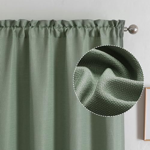 Chyhomenyc Saliegroene gordijnen 111 cm lengte 2 panelen, faux linnen getextureerde semi doorschijnend licht filterende zachte luchtige roede zak raambekleding gordijnen voor woonkamer slaapkamer, elk