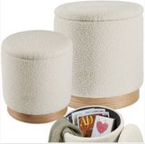 Merkloos tectake® Set van 2 Krukken met Opbergruimte - Bouclé Teddy Stof Poef - Scandi - Gestoffeerde Kruk Rond - Krukje - Krukjes voor make-uptafel, slaapkamer, woonkamer - 2 maten (38 en 32cm)