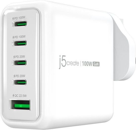 j5create 100W GaN USB-C® 5-Poorts Oplader Wit
